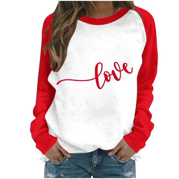 Valentines Day Outfit Women Heart Graphic Raglan Long Sleeve Shirt Cute Crewneck Sweatshirt Color Block Pullover Valentine Sweatshirt for Women