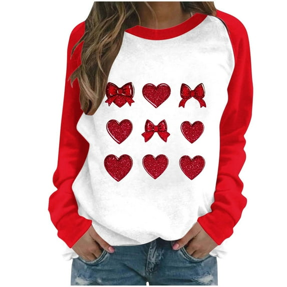 Valentines Day Outfit Women Heart Graphic Raglan Long Sleeve Shirt Cute Crewneck Sweatshirt Color Block Pullover Valentine Sweatshirt for Women