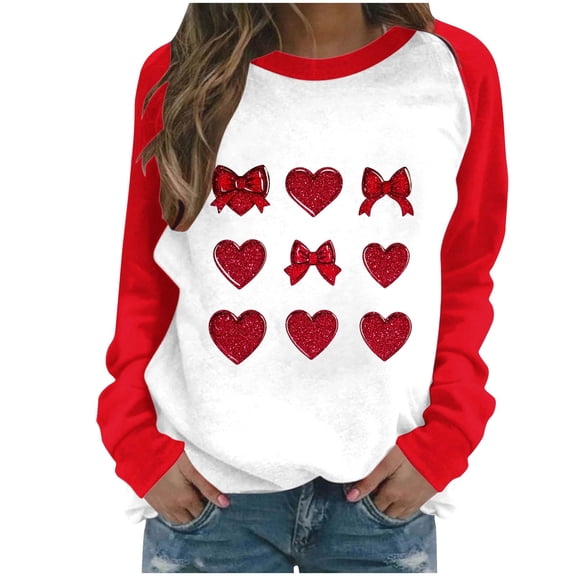 Valentines Day Outfit Women Heart Graphic Raglan Long Sleeve Shirt Cute Crewneck Sweatshirt Color Block Pullover Valentine Sweatshirt for Women