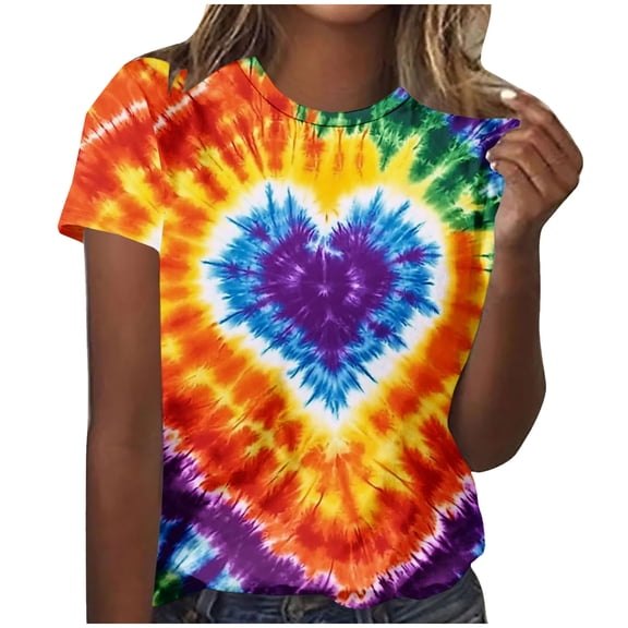 Valentines Day Outfit Women Heart Print Tie Dye Shirt Short Sleeve Round Neck Shirts Valentine Casual Tshirts Spring Tops for Women