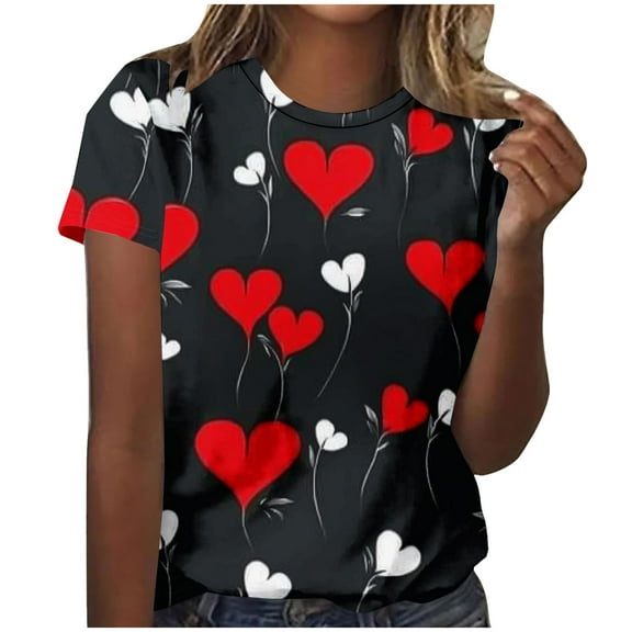 Valentines Day Outfit Women Heart Print Tie Dye Shirt Short Sleeve Round Neck Shirts Valentine Casual Tshirts Spring Tops for Women