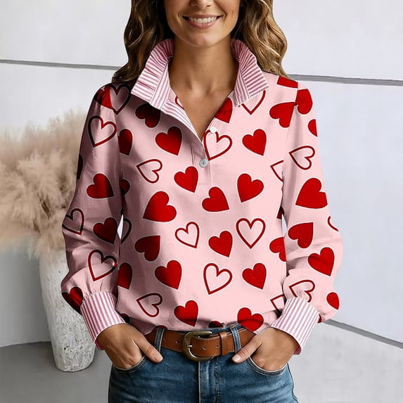 Valentines Day Outfit Women Long Sleeve Button Up Lapel Collared Valentine Heart Dressy Blouse