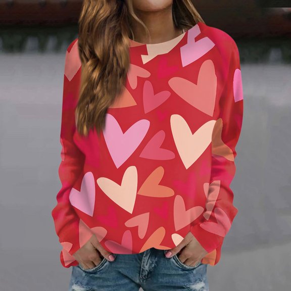 Valentines Day Outfit Womens Cute Heart Sweater Crewneck Sweatshirts Casual Loose Fit Long Sleeve Pullover Tops