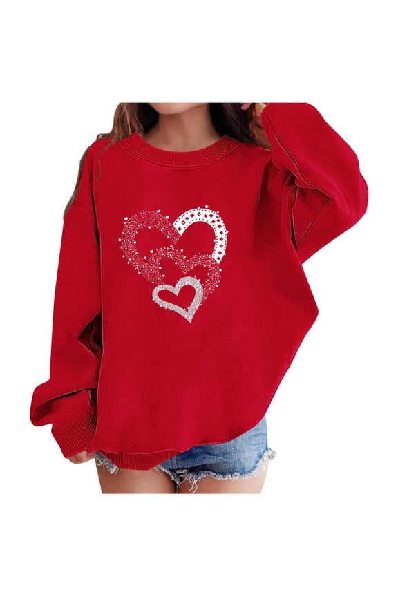 Valentines Day Outfits Kids Love Heart Print Cotton Crewneck Sweatshirts Boy Girl Cute Long Sleeve Pullover Tops (6-7 Years, Red C)