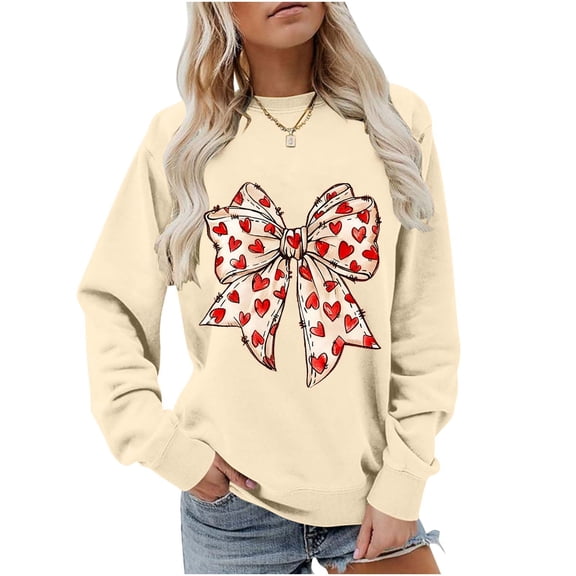 Valentines Day Outfits for Women Crewneck Loose Sweatshirts Bowknot Hearts Prinrted Long Sleeve Pullover Cute Tops (XS, Khaki)