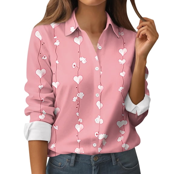 Valentines Day Oversized Shirts for Women Long Sleeve Love Heart Print Button Down Shirts Lightweight Dressy Casual Tops Holiday Blouses Pink M