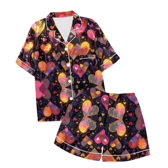 Valentines Day P𝙖𝙟𝙖𝙢𝙖s Kids Button Down Cartoon Print Short Sleeve Loungewear Clothes Set Loose Home Outfit Set 2 Piece P𝙟s for Girls Kids Gifts