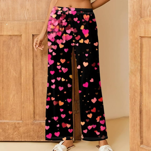 Valentines Day Pajama Pants For Women Trendy Heart Printed Loose Pants Wide Leg Comfy Soft Plus Size Sleeping Pants Multicolor L