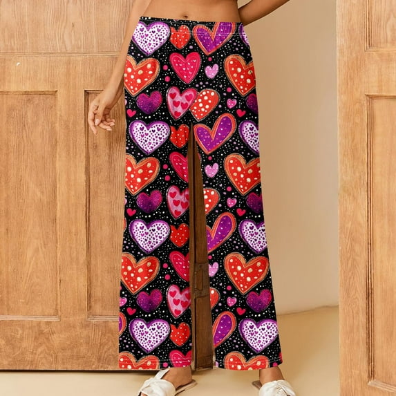 Valentines Day Pajama Pants For Women Trendy Heart Printed Loose Pants Wide Leg Comfy Soft Plus Size Sleeping Pants Multicolor XXL