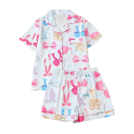 Valentines Day Pajamas Women 2 Piece Pink Bow Heart Graphic Short Sleeve Button Down Shirts and Shorts Cute Comfy Sleepwaer Outfits