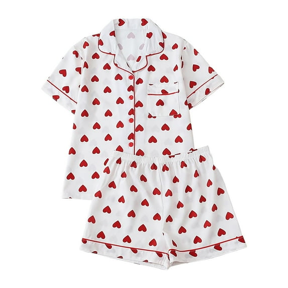 Valentines Day Pajamas for Women Cute Heart Bow Print Satin Soft Sleepwear Tops and Shorts Short Sleeve Button Down Pajama Set