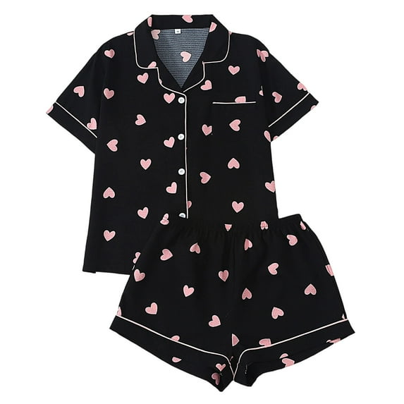 Valentines Day Pajamas for Women Cute Heart Bow Print Satin Soft Sleepwear Tops and Shorts Short Sleeve Button Down Pajama Set