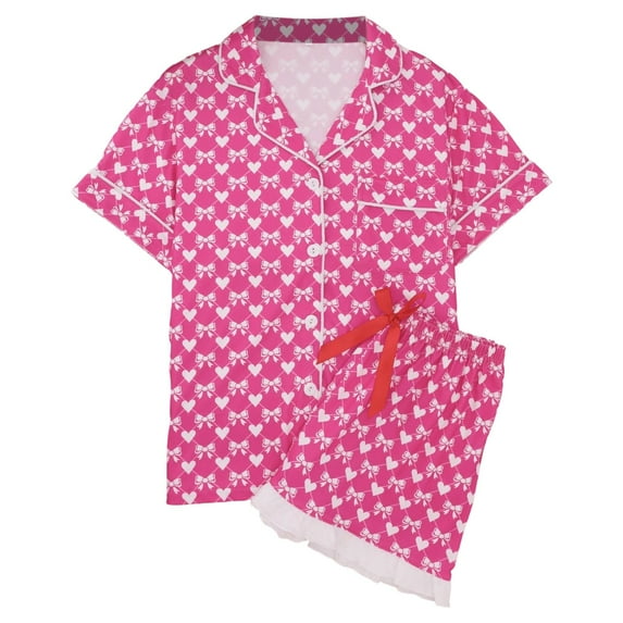 Valentines Day Pajamas for Women Cute Heart Bow Print Satin Soft Sleepwear Tops and Shorts Short Sleeve Button Down Pajama Set
