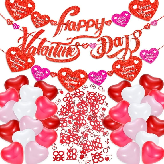 Valentines Day Decorations, 3PCS Red Glitter Happy Valentines Day Banner with 100PCS Red Glitter Confetti and 24PCS Heart Balloons for Wedding Anniversary Party Valentines Day Fireplace Decor