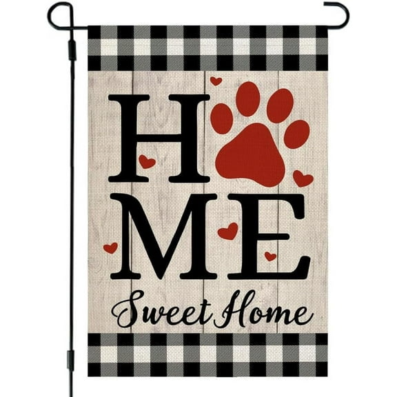 Valentines Day Paw Print Garden Flag 12x18 Inch Double Sided for Outside Home Sweet Home Small Burlap Plaid Yard Flag