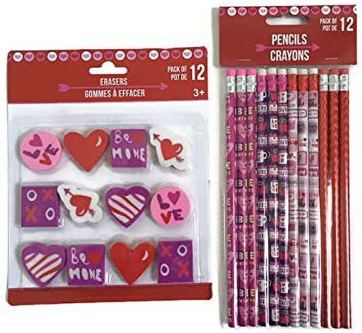 Valentines Day Themed Pencils and Erasers - 12 count each