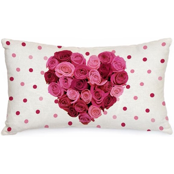 Valentines Day Pillow Cover 12X20 Inch Polka Dots Rose Heart Decor Holiday Farmhouse Pillow Case Gifts Decoration for Home Sofa Couch AA281-12