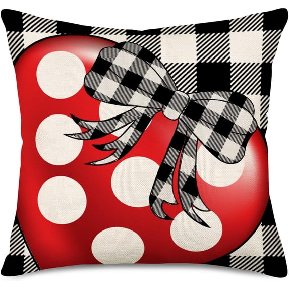 Valentines Day Pillow Cover 18x18 Inch Black White Buffalo Plaid Checkered Red Love Heart Polka Dot Bowknot Decoration Throw Pillow Covers Holiday Home Decorative Cushion Case for Couch