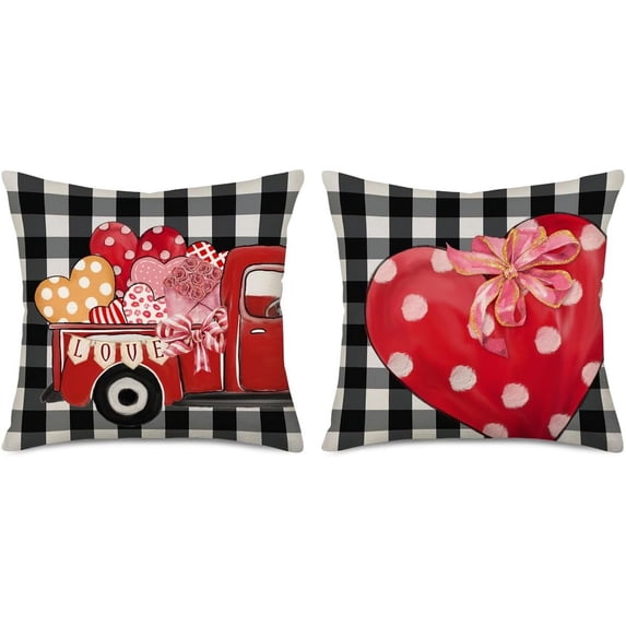 Valentines Day Pillow Cover 20x20 Inch Set of 2 Black White Buffalo Plaid Checkered Red Truck with Love Heart Letters Decoration Throw Pillow Covers Holiday Home Decorative Cushion Case