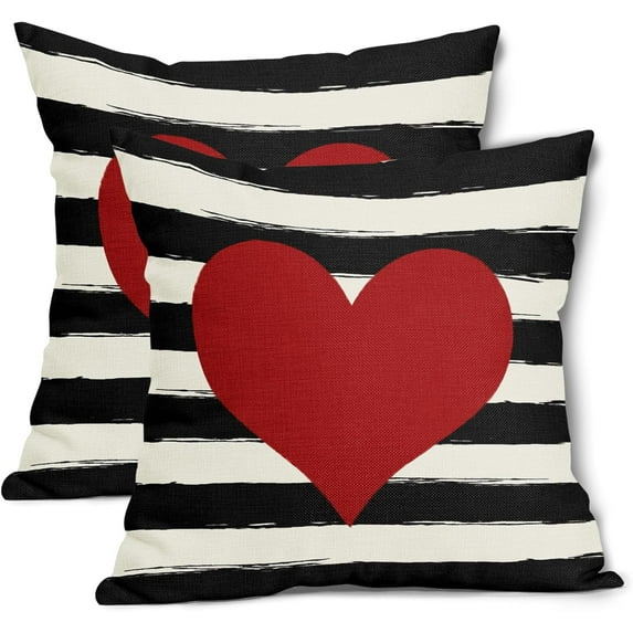Valentines Day Pillow Cover Set of 2 20x20 Inch Red Love Heart Black and White Stripes Cotton Linen Decorative Throw Pillow Case Outdoor Cushion Cover for Home Couch Sofa Farmhouse Decor