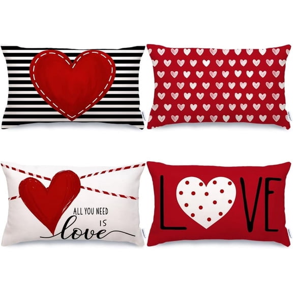 Valentines Day Pillow Covers 12 x 20 inch Set of 4 for Valentines Day Decor Red White Stripes Dots Love Heart Throw Pillows Decorative Cushion Cases Valentine Decorations G194-12