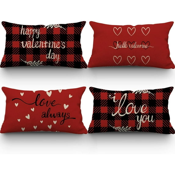 Valentines Day Pillow Covers 12x20 Set of 4 Valentine Valentines Day Decor for Home Buffalo Plaid Love Heart Wedding Anniversary Pillow Covers Linen Pillow Cases 12IN