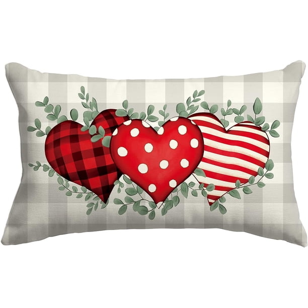 LOMCHEN Valentine’s Day Pillow Cover 12x20 Inch – Buffalo Plaid With Hearts & Eucalyptus, Pink Throw Pillow Cover For Couch