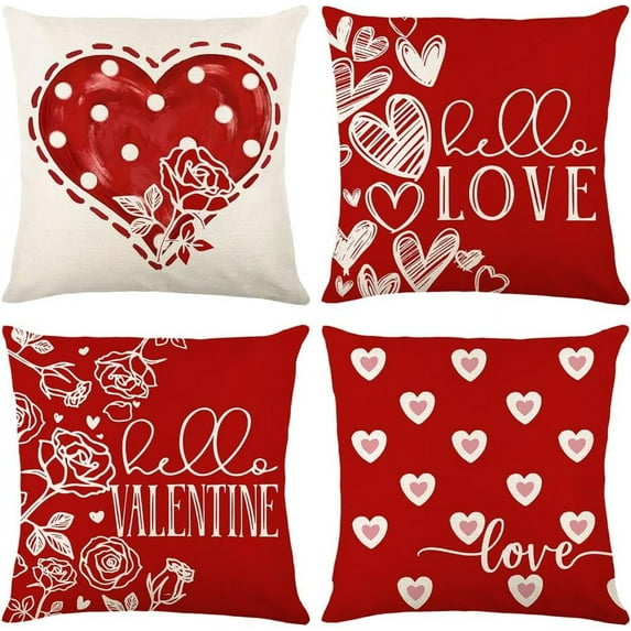 Valentines Day Pillow Covers 16 x 16 Inch Set of 4 Big Red Polka Dot Heart Small Hearts Pattern Valentine Throw Pillows Decorative Cushion Cases Valentines Decor