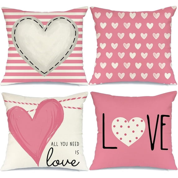 Valentines Day Pillow Covers 16 x 16 inch Set of 4 for Valentines Decor Pink White Stripes Dots Love Heart Throw Pillows Decorative Cushion Cases Valentine Decorations G193-16