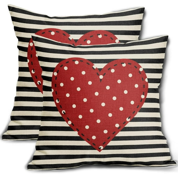 Valentines Day Pillow Covers 16x16 Set of 2 Red Love Heart Dots Black Cream Stripes Hoilday Themed Decorative Outdoor Throw Pillows Cushion Covers Farmhouse Rustic Decor for Couch Sofa Bed