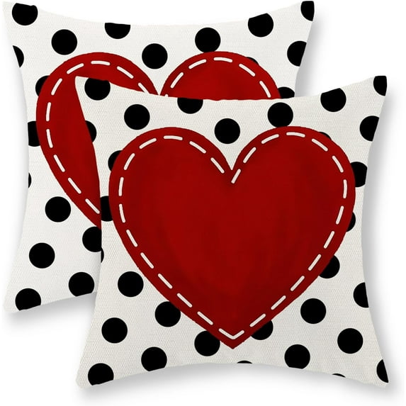 Valentines Day Pillow Covers 16x16 Set of 2, Valentines Decorative Pillowcase Polka Pot Red Love Heart Valentines Throw Pillows Anniversary Linen Outdoor Cushion Covers for Sofa Couch Decor