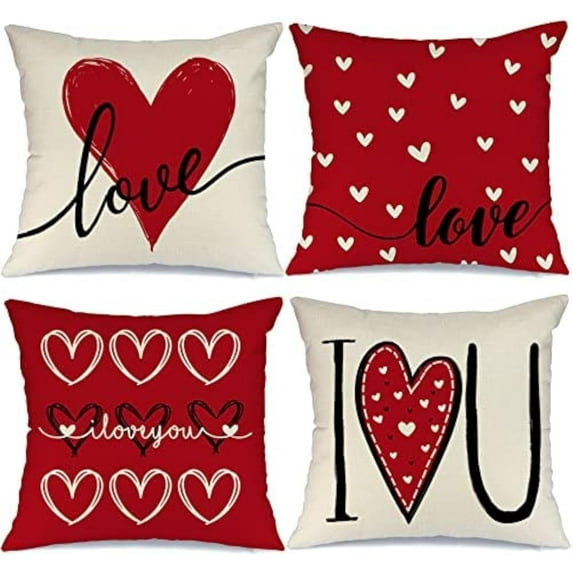 Valentines Day Pillow Covers 16x16 Set of 4 Love Heart Valentines Day Throw Pillows Decorative Cushion Cases Valentine Decorations