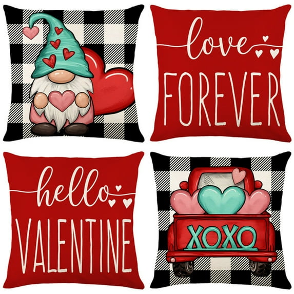 Valentines Day Pillow Covers,18"X18" Set of 4 Valentine's Decor Buffalo Plaid Love Heart Gnomes Throw Pillows Decorative,Cushion Cases for Valentine Home Decorations