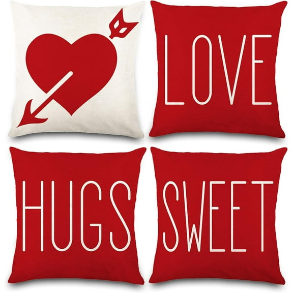 Valentines Day Pillow Covers 18 x 18 Inch Red Throw Pillow Covers for Holiday Love Hugs XOXO Heart Arrow Anniversary Wedding Cushion Covers Decoration for Sofa Decor