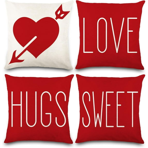 Valentines Day Pillow Covers 18 x 18 Inch Red Throw Pillow Covers for Holiday Love Hugs XOXO Heart Arrow Anniversary Wedding Cushion Covers Decoration for Sofa Decor