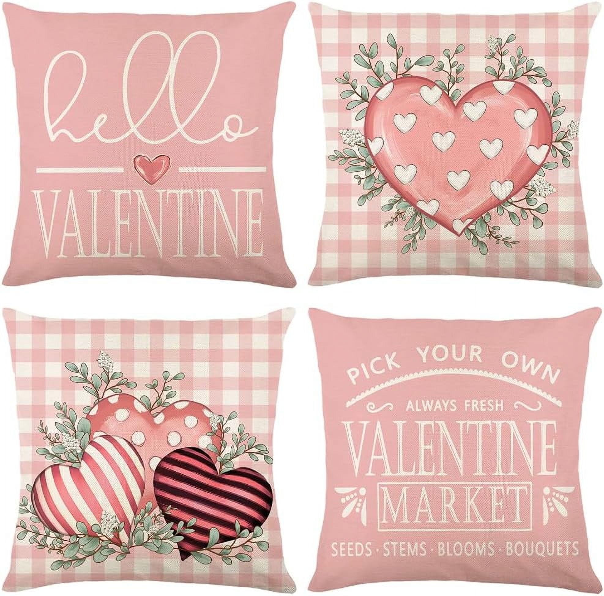 Valentines Day Pillow Covers 18 x 18 Inch Set of 4 Hello Valentine Pink Polka Dot Heart Buffalo Plaid Eucalyptus Leaves Throw Pillows Decorative Cushion Cases Valentines Decor