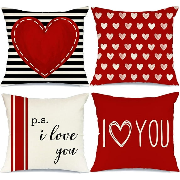 Valentines Day Pillow Covers 18 x 18 inch Set of 4 for Valentines Decor Red Black Stripes Love Heart I Love You Valentines Day Throw Pillows Decorative Cushion Cases Valentine Decorations