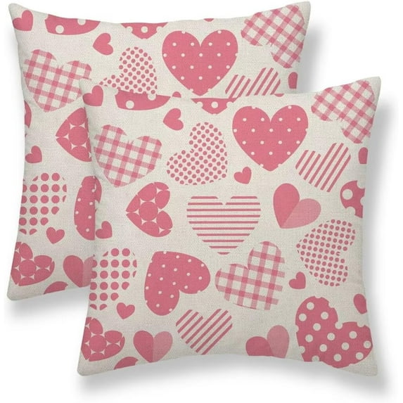 Valentines Day Pillow Covers 18X18 Inch Set of 2, Buffalo Plaid Dot Stripes Pink Love Heart Holiday Decorative Throw Pillows Valentines Cushion Cases for Home Couch Sofa Decor