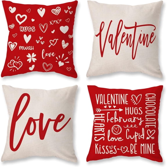 Valentines Day Pillow Covers 18X18 Set of 4 Love Valentine Letter Heart Valentine''s Decor Throw Pillows Decorative Cushion Cases for Valentine Home Decorations