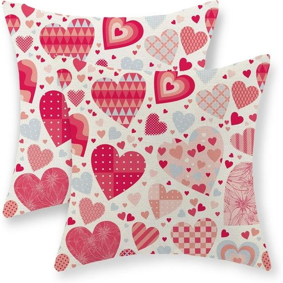 Valentines Day Pillow Covers 18x18 Inch Set of 2, Valentines Decor Linen Pillowcase Red Love Heart Valentines Throw Pillows Anniversary Decorative Outdoor Square Cushion Case for Couch Home