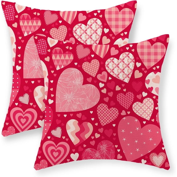 Valentines Day Pillow Covers 18x18 Inch Set of 2, Red Love Heart Valentines Throw Pillows, Valentines Decor Linen Pillowcase Anniversary Decorative Outdoor Square Cushion Case for Sofa Couch
