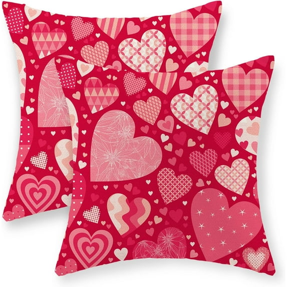 Valentines Day Pillow Covers 18x18 Inch Set of 2, Red Love Heart Valentines Throw Pillows, Valentines Decor Linen Pillowcase Anniversary Decorative Outdoor Square Cushion Case for Sofa Couch