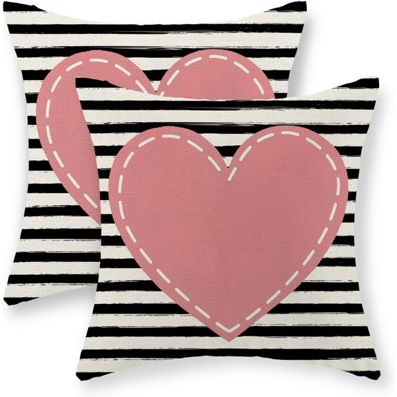 Valentines Day Pillow Covers 18x18 Inch Set of 2, Valentines Stripes Pink Love Heart Pillowcase Valentines Anniversary Decorative Throw Pillows Farmhouse Outdoor Cushion Case for Sofa Couch