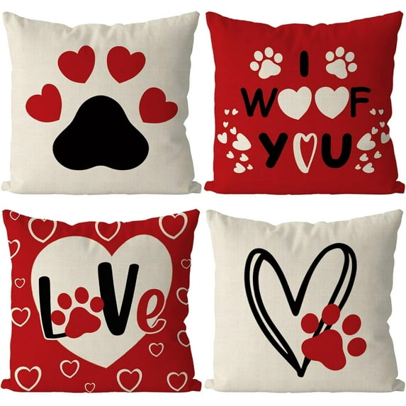 Valentines Day Pillow Covers 18x18 Inch Set of 4 Dog Paws Red Decorative Throw Pillow Covers Home Living Room Cushion Case Farmhouse Wedding Anniversary Decorations