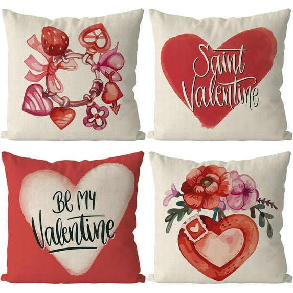 Valentines Day Pillow Covers 18x18 Inch Set of 4 Be Mine Valentines Love Hearts Throw Pillowcase Cushion Case Farmhouse Sofa Home Decorations Wedding Anniversary Decor