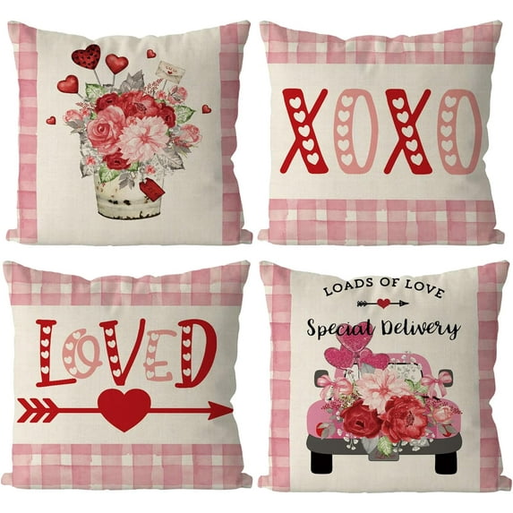 Valentines Day Pillow Covers 18x18 Inch Set of 4 XOXO Love Heart Holiday Truck Flowers Farmhouse Sofa Throw Pillowcase Cushion Case Home Decoration Wedding Anniversary Decor