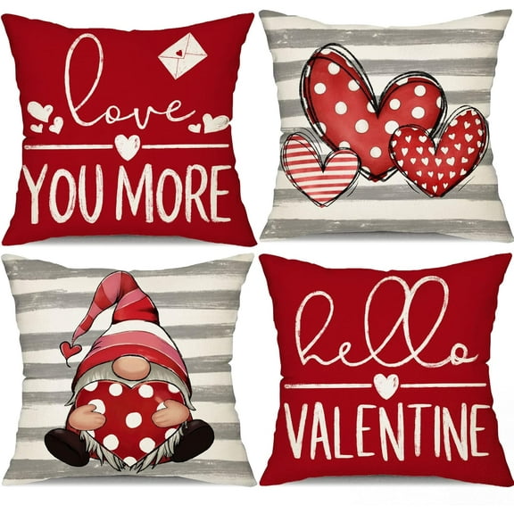 Valentines Day Pillow Covers 18x18 Inch Set of 4 Polka Dots Stripes Love Heart Gnomes Valentine Pillows Valentines Day Decorations for Sofa Couch