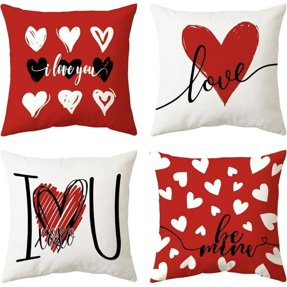 Valentines Day Pillow Covers 18x18, Red Love Heart Pillow Covers Decor for Home Couch Sofa, I Love You Valentine Pillows Decorative Throw Pillows Valentines Day Decorations Set of 4
