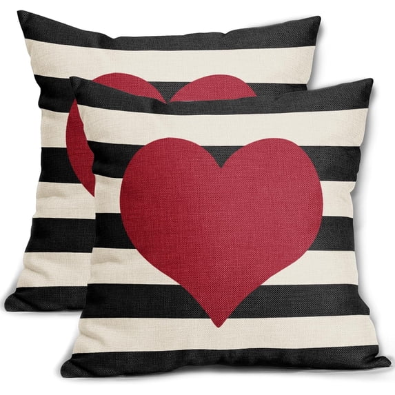 Valentines Day Pillow Covers 18x18 Set of 2 Valentine Decor Stripes Red Love Heart Decorative Throw Pillow Cases Outdoor Farmhouse Decoration for Sofa Couch Bed