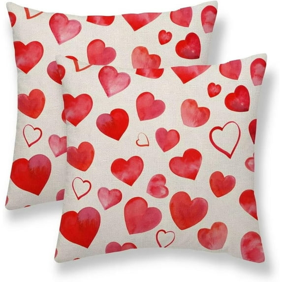 Valentines Day Pillow Covers 18x18 Set of 2, Watercolor Red Love Heart Valentines Day Decorations Throw Pillow Covers Outdoor Valentine Holiday Cushion Case Linen Square for Home Couch Sofa